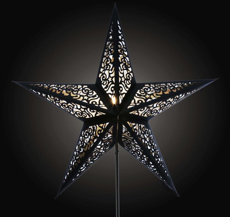 Kala Schwarz / Silberglitter  - Faltbarer Leuchtstern, Weihnachtsstern aus Papier mit 5 Zacken, 60 cm